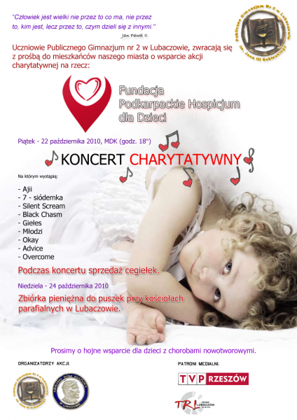 Obraz przedstawiający Uczniowie lubaczowskiego Gimnazjum Nr 2 chcąc wesprzeć Podkarpackie Hospicjum dla Dzieci zorganizowali koncert